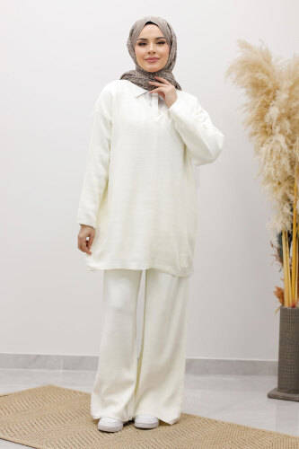 V Yaka Triko Takım TSD260117 Beyaz - TESETTÜR DÜNYASI