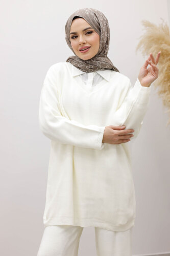 V Yaka Triko Takım TSD260117 Beyaz - TESETTÜR DÜNYASI (1)