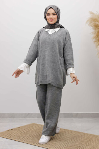 V Yaka Triko Takım TSD260117 Gri - TESETTÜR DÜNYASI