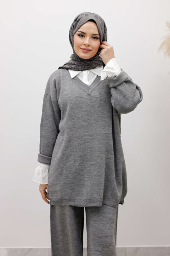 V Yaka Triko Takım TSD260117 Gri - TESETTÜR DÜNYASI (1)