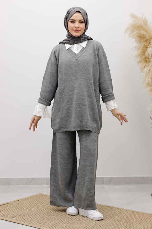 V Yaka Triko Takım TSD260117 Gri - 3