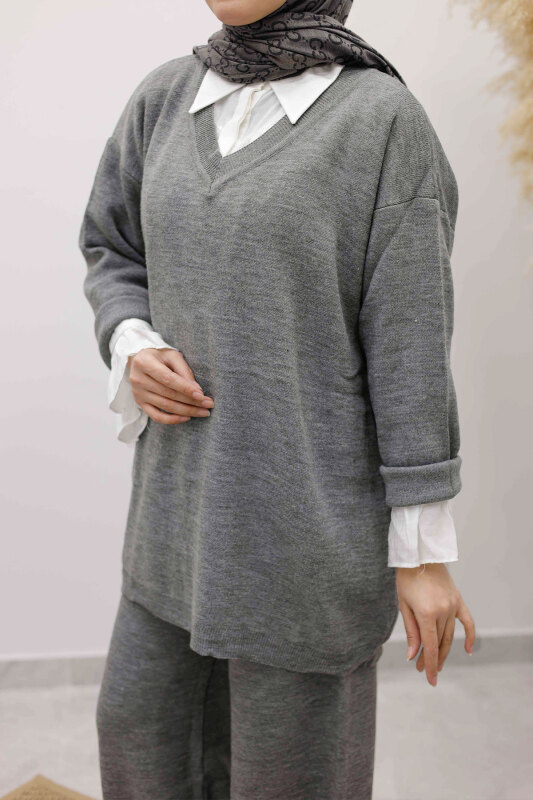 V Yaka Triko Takım TSD260117 Gri - 4