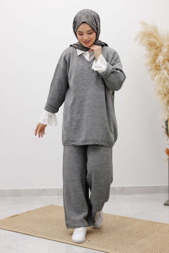 V Yaka Triko Takım TSD260117 Gri - 5