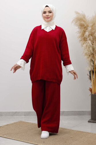 V Yaka Triko Takım TSD260117 Kırmızı - TESETTÜR DÜNYASI