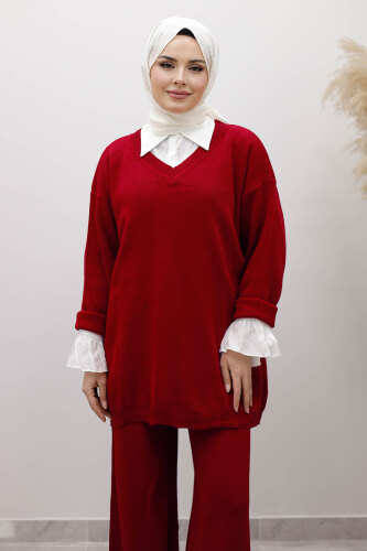 V Yaka Triko Takım TSD260117 Kırmızı - TESETTÜR DÜNYASI (1)