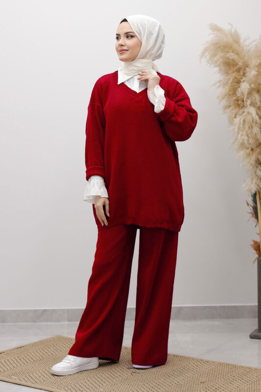 V Yaka Triko Takım TSD260117 Kırmızı - 5