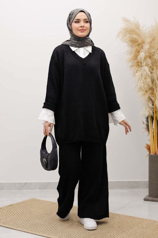 V Yaka Triko Takım TSD260117 Siyah - TESETTÜR DÜNYASI