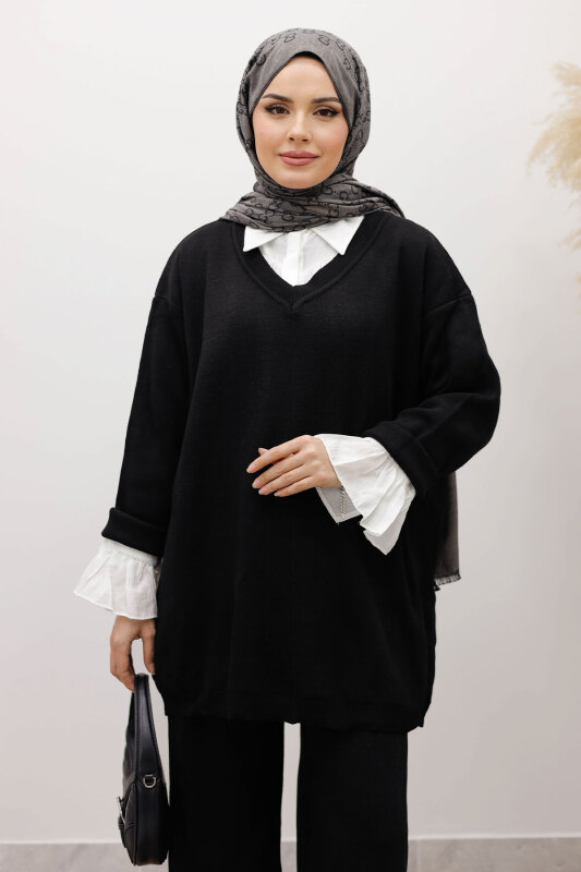 V Yaka Triko Takım TSD260117 Siyah - TESETTÜR DÜNYASI (1)