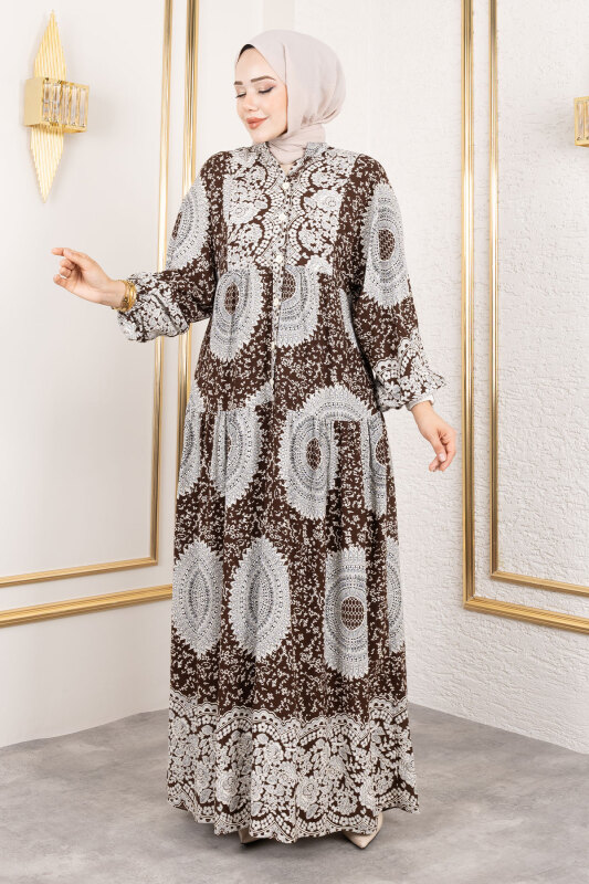 Varak Desenli Viskon Elbise TSD250191 Kahverengi - 4