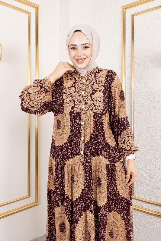 Varak Desenli Viskon Elbise TSD250191 Mürdüm - 2
