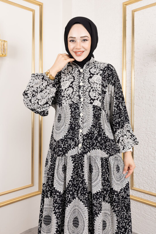 Varak Desenli Viskon Elbise TSD250191 Siyah - 2