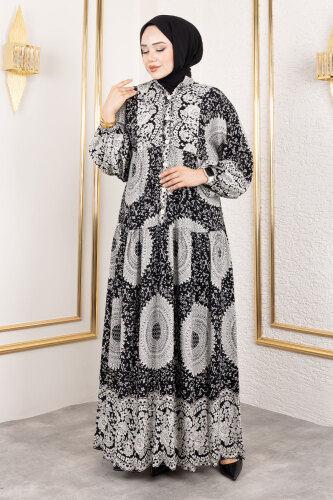 Varak Desenli Viskon Elbise TSD250191 Siyah - 3