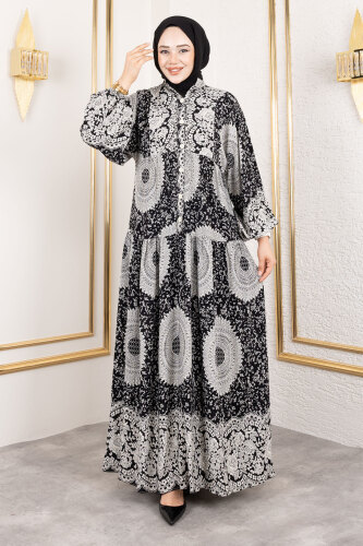 Varak Desenli Viskon Elbise TSD250191 Siyah - 1