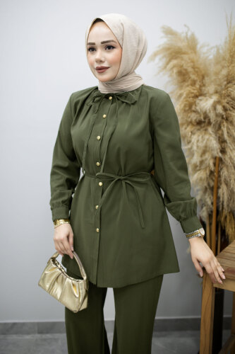 Yakası Bağlama Detaylı İkili Takım TSD260179 Haki - 2