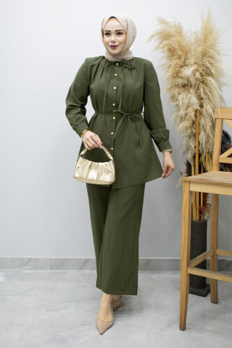 Yakası Bağlama Detaylı İkili Takım TSD260179 Haki - 3