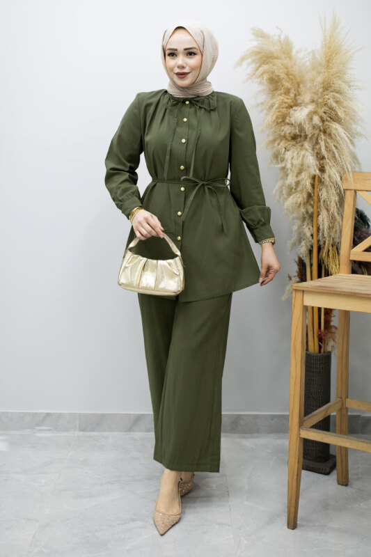 Yakası Bağlama Detaylı İkili Takım TSD260179 Haki - 3