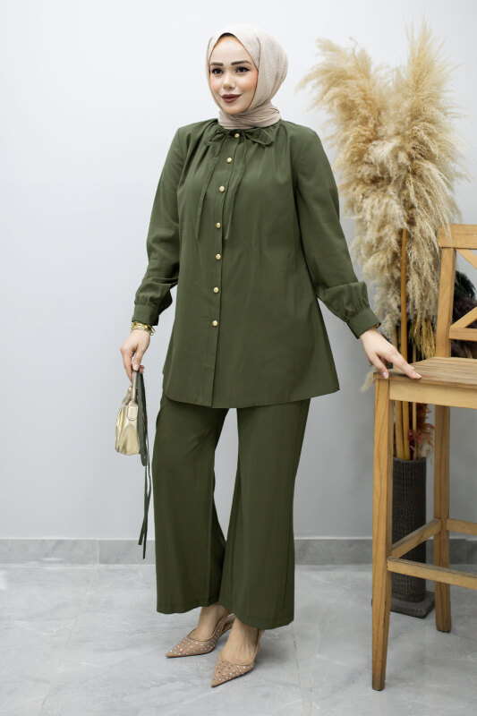 Yakası Bağlama Detaylı İkili Takım TSD260179 Haki - 5