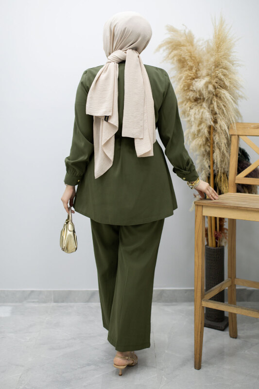 Yakası Bağlama Detaylı İkili Takım TSD260179 Haki - 6