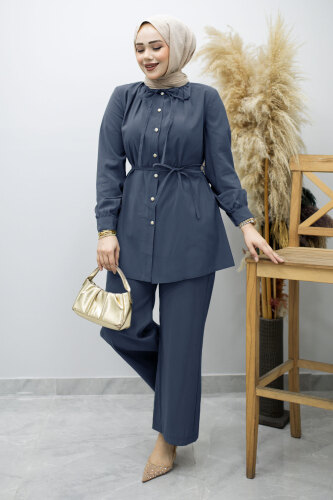 Yakası Bağlama Detaylı İkili Takım TSD260179 İndigo - 1