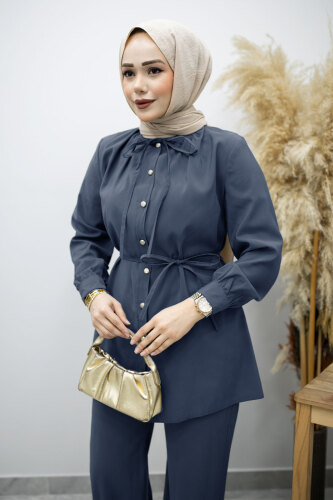 Yakası Bağlama Detaylı İkili Takım TSD260179 İndigo - 2