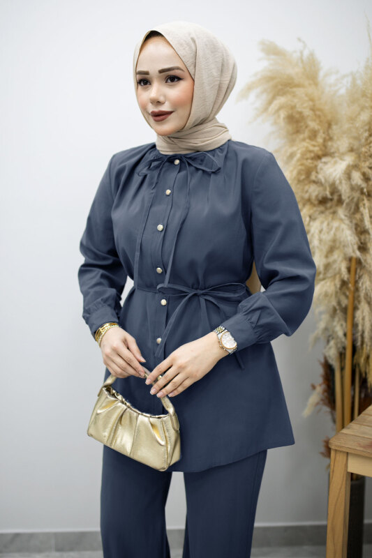 Yakası Bağlama Detaylı İkili Takım TSD260179 İndigo - Tesettür Dünyası (1)