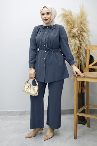 Yakası Bağlama Detaylı İkili Takım TSD260179 İndigo - 3