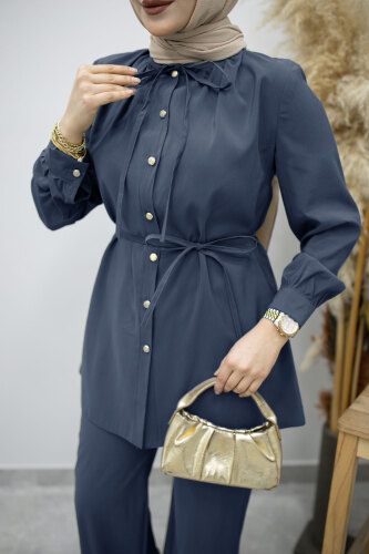 Yakası Bağlama Detaylı İkili Takım TSD260179 İndigo - 4