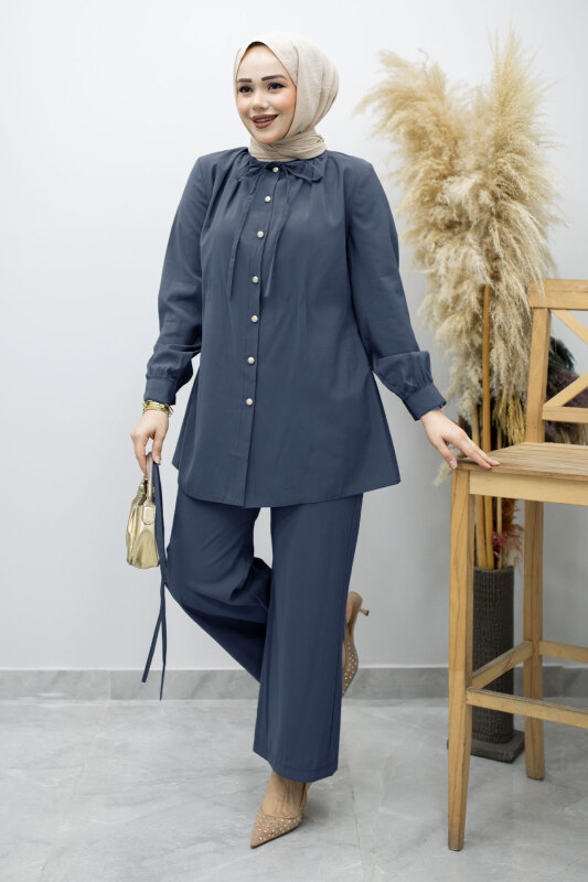 Yakası Bağlama Detaylı İkili Takım TSD260179 İndigo - 5