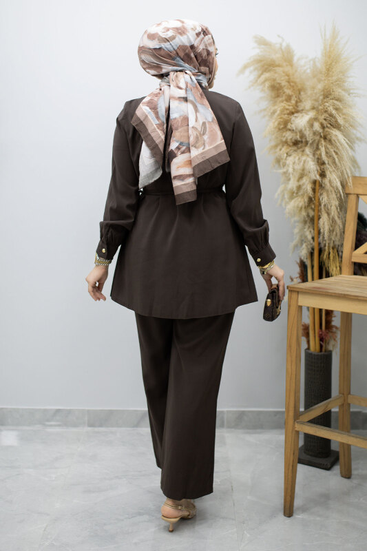 Yakası Bağlama Detaylı İkili Takım TSD260179 Kahverengi - 6