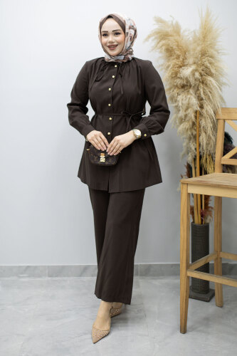 Yakası Bağlama Detaylı İkili Takım TSD260179 Kahverengi 