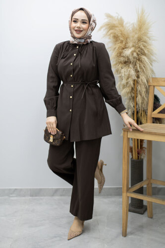 Yakası Bağlama Detaylı İkili Takım TSD260179 Kahverengi - 5