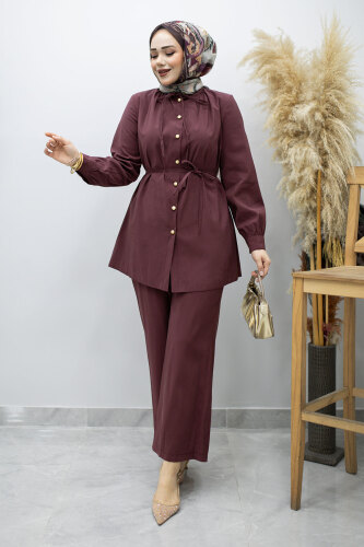 Yakası Bağlama Detaylı İkili Takım TSD260179 Mürdüm 