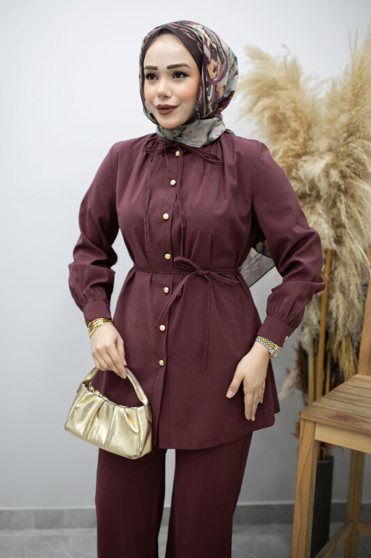 Yakası Bağlama Detaylı İkili Takım TSD260179 Mürdüm - Tesettür Dünyası (1)