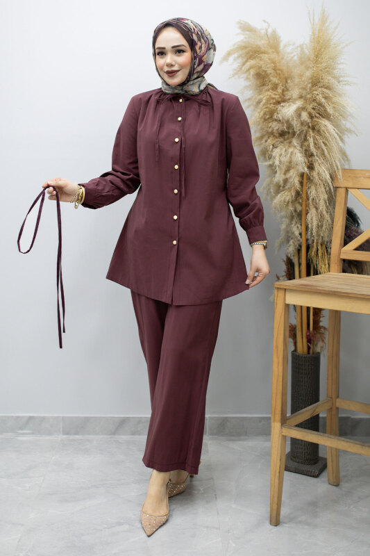 Yakası Bağlama Detaylı İkili Takım TSD260179 Mürdüm - 3