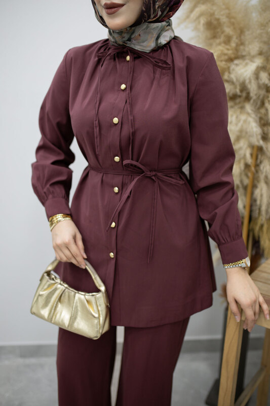 Yakası Bağlama Detaylı İkili Takım TSD260179 Mürdüm - 4