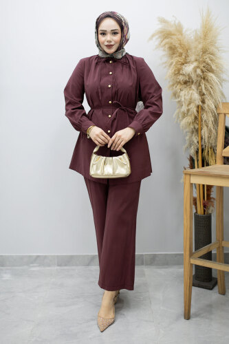 Yakası Bağlama Detaylı İkili Takım TSD260179 Mürdüm - 5