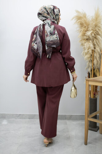 Yakası Bağlama Detaylı İkili Takım TSD260179 Mürdüm - 6