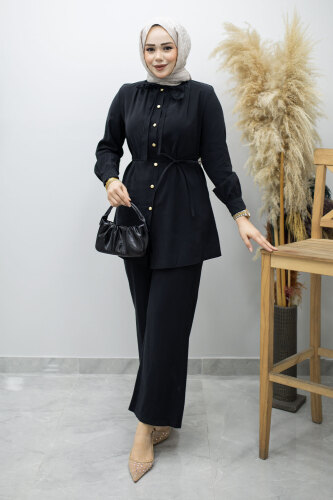 Yakası Bağlama Detaylı İkili Takım TSD260179 Siyah 
