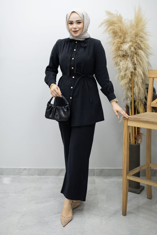 Yakası Bağlama Detaylı İkili Takım TSD260179 Siyah - Tesettür Dünyası