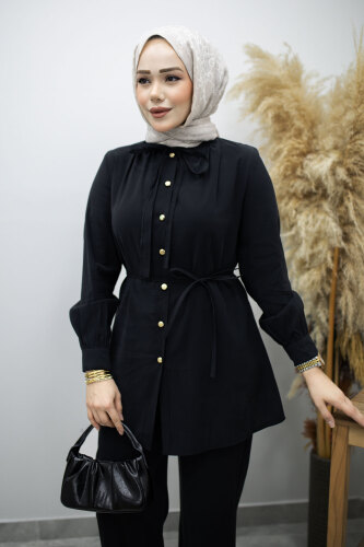 Yakası Bağlama Detaylı İkili Takım TSD260179 Siyah - 2