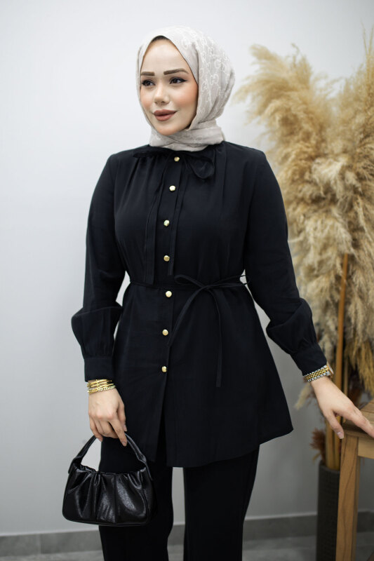 Yakası Bağlama Detaylı İkili Takım TSD260179 Siyah - Tesettür Dünyası (1)
