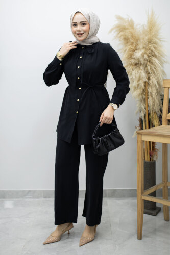 Yakası Bağlama Detaylı İkili Takım TSD260179 Siyah - 3