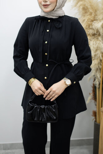 Yakası Bağlama Detaylı İkili Takım TSD260179 Siyah - 4