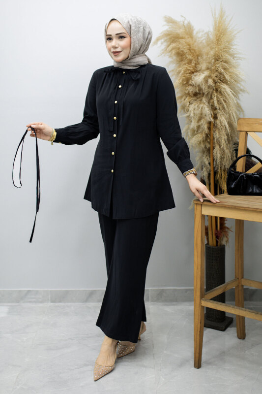 Yakası Bağlama Detaylı İkili Takım TSD260179 Siyah - 5