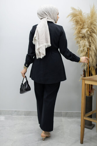 Yakası Bağlama Detaylı İkili Takım TSD260179 Siyah - 6