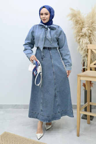 Yakası Bağlamalı Etekli Kot Takım TSD260135 Açık Mavi - 1