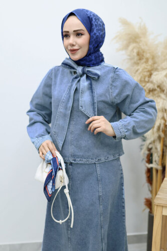 Yakası Bağlamalı Etekli Kot Takım TSD260135 Açık Mavi - 2