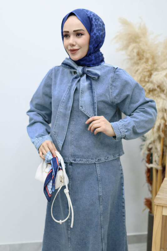 Yakası Bağlamalı Etekli Kot Takım TSD260135 Açık Mavi - Tesettür Dünyası (1)