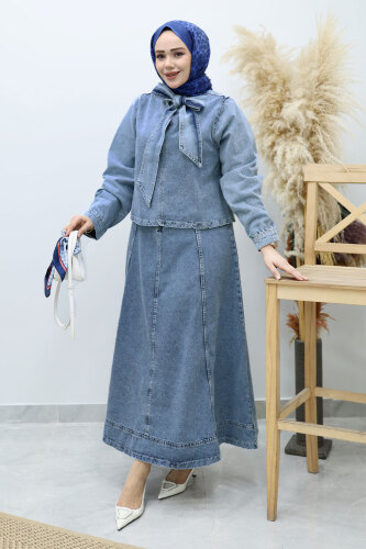 Yakası Bağlamalı Etekli Kot Takım TSD260135 Açık Mavi - 3