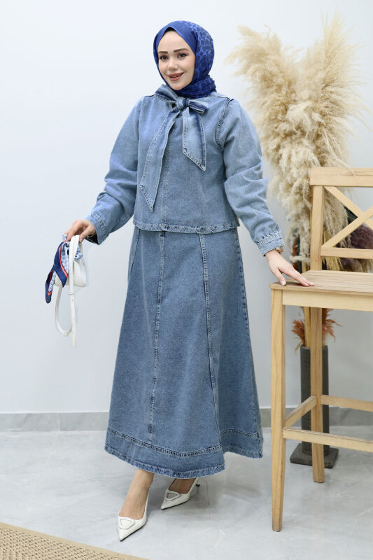 Yakası Bağlamalı Etekli Kot Takım TSD260135 Açık Mavi - 3